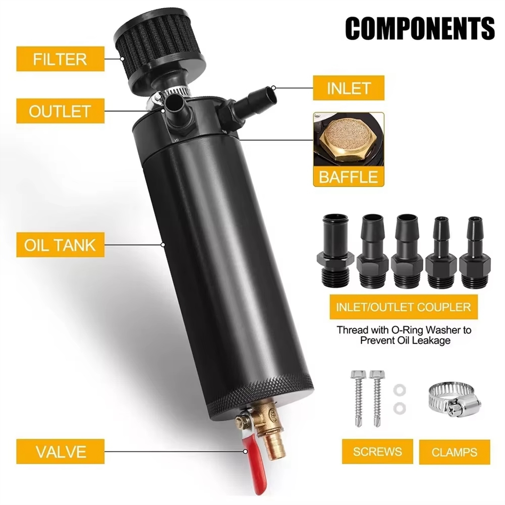 Oil Drain Tank - GOODT37C ユニバーサル2ポートアルミ製750mlバッフル付きオイルキャッチタンク（ブリーザーフィルターとドレンバルブ付き）